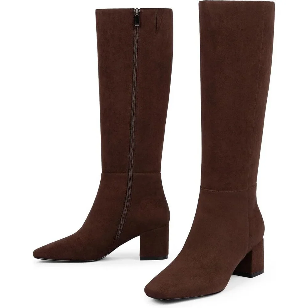 Women's Suede Chocolate Knee High Boots Square Toe Tall Chunky Heel Rubber